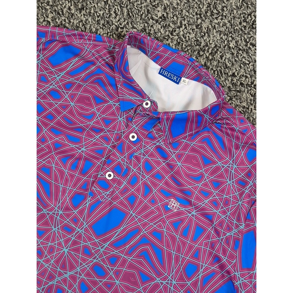 HRESKI Performance‎ Polo Shirt Mens XL Purple Geometric AOP